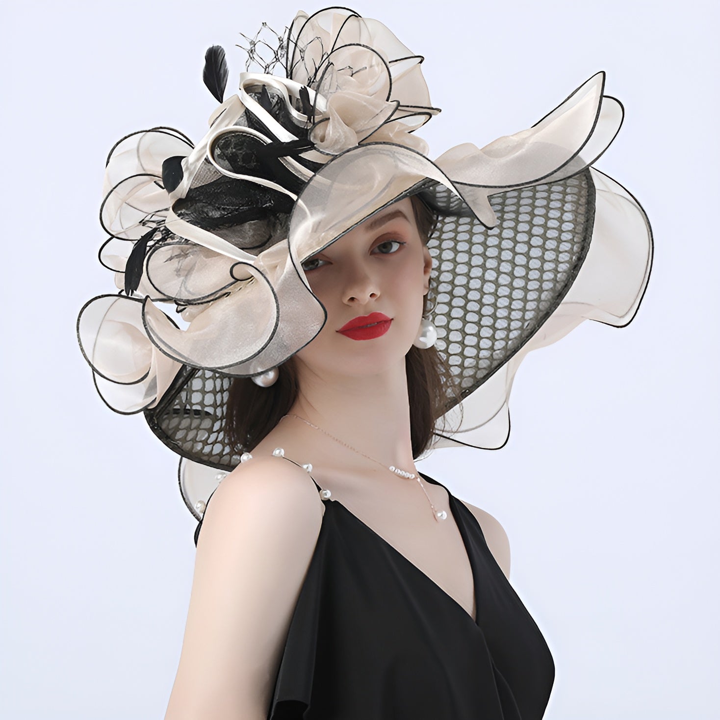Elegant Organza Wide Brim Dress Hat with Ruffles for 