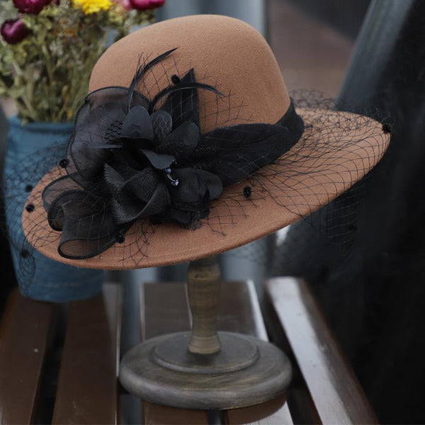 Vintage Wool Felt Cloche Hat with Floral Netting for Church  display picture 2