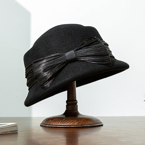 Women Elegant Winter Bow Silkabaca Wool Wedding Tea Party Porkpie Hat