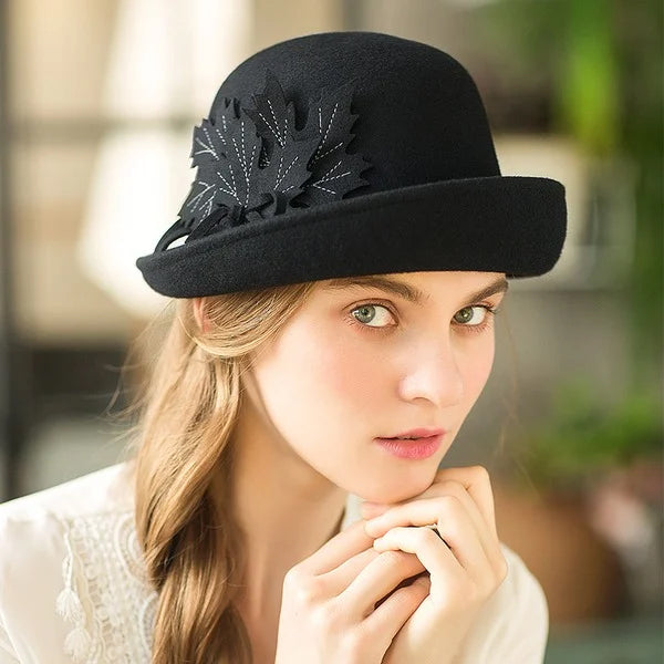 Black Leaves Flipped Brim Wool Bowler Hat
