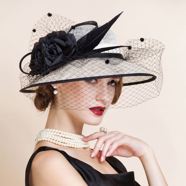 Women's Wide Brim Sinamay With Flower Veil Faux Feather Kentucky Derby Church Hats