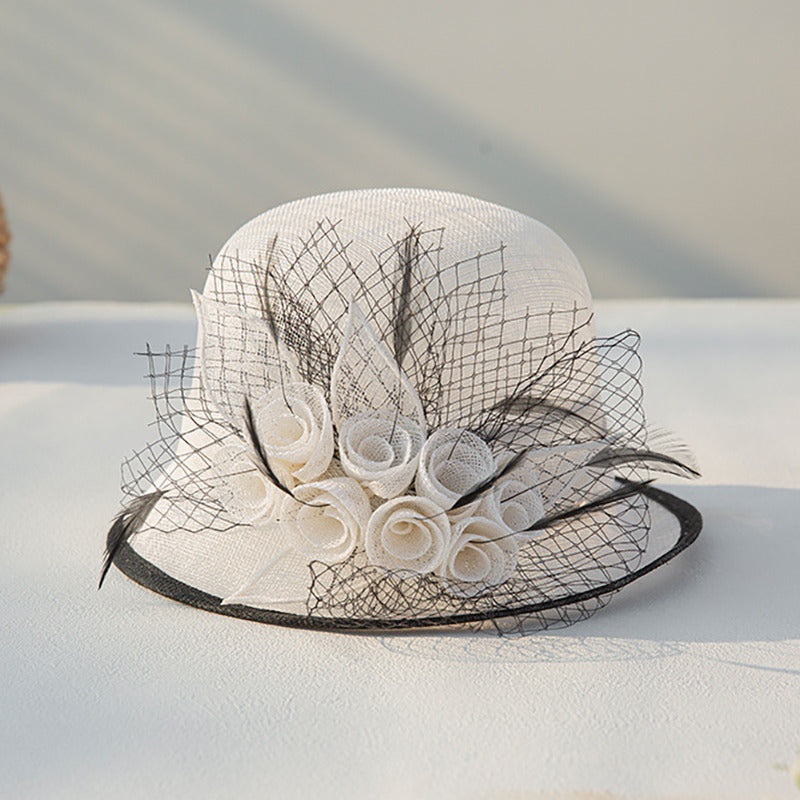 Vintage White Sinamay Cloche Hat with Black Netting & Roses  display picture 2