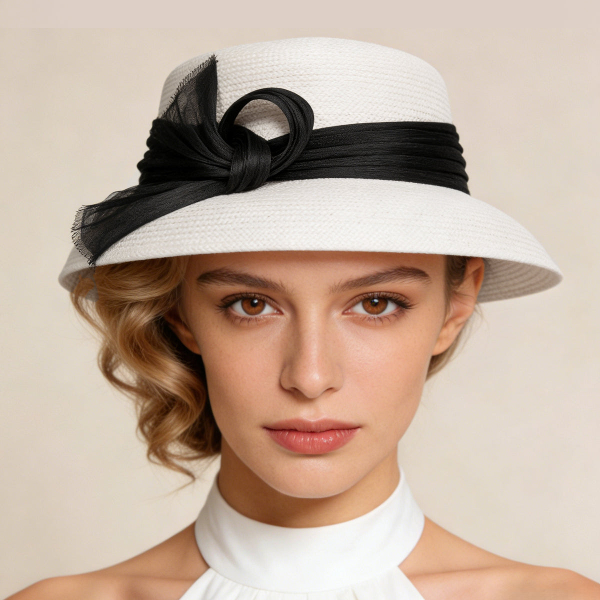 Elegant White Woven Straw Cloche Hat with Black Ribbon Bow 