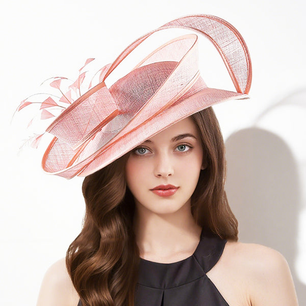 Women's Wide Brim Faux Feather Twist Bow Sinamay Kentucky Derby Saucer Hats With Clip