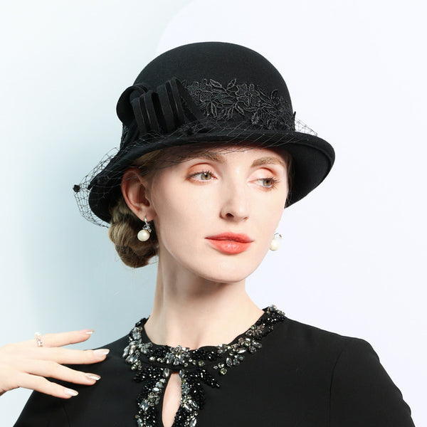 Women's Flip Brim Winter Wool With Lace Veil Special Occasion Bowler Hats - 416650