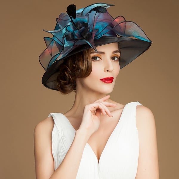 Women's Wide Brim Organza With Faux Feather Kentucky Derby Church Hats
