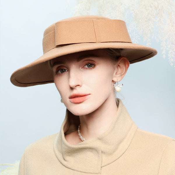 Women's Flat Brim Winter Wool With Bow Special Occasion Fedora Hats Boater - 416652