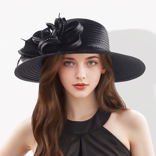 Women's Wide Brim Beading Silk Flower Faux Feather Satin Kentucky Derby Church Hats