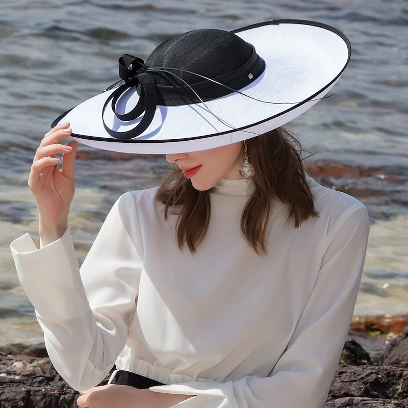 Elegant Black and White Wide Brim Hat with Ribbon Bow for  display picture 2