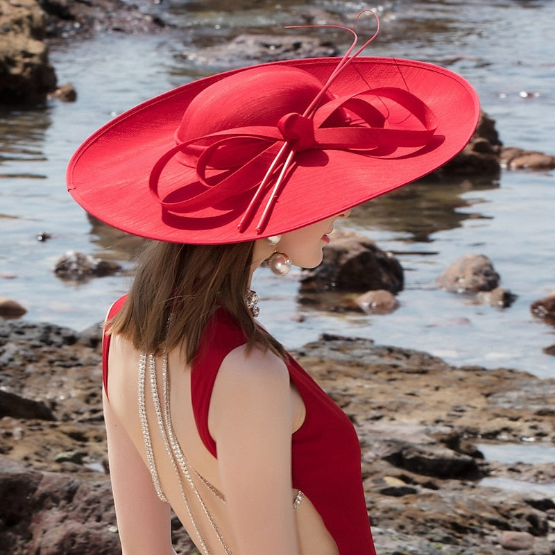 Kentucky Derby Hat Sun Womens Red Wool Felt Wide Brim Bow Society Wedding Church M509 ( Red/black ) Kentucky Derby Hat, Church Hat, Wedding  main image 2