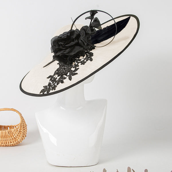 Women's Wide Brim Faux Feather Flower Lace Sinamay Kentucky Derby Church Hats Hatinators With Headband
