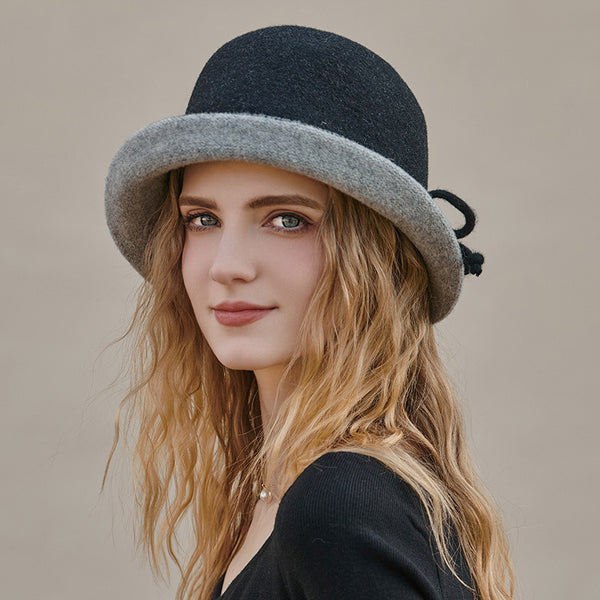 Women's Flip Brim Winter Felt Wool With Bowknot Casual Bowler Hats - 416641