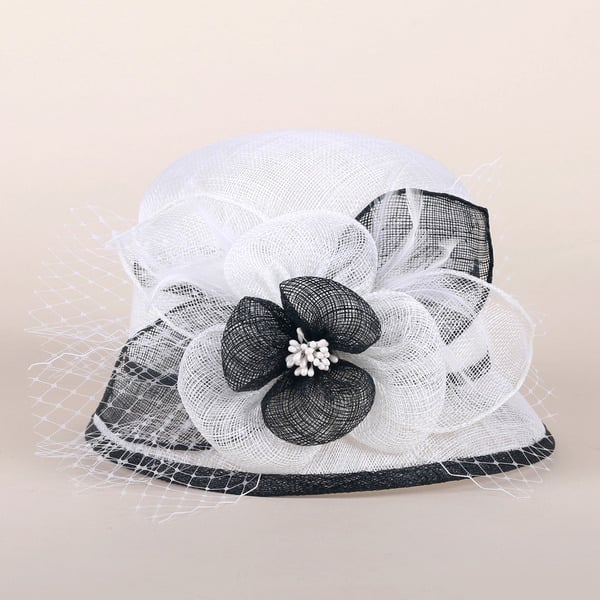 Black and white custom sinamay straw cloche hat Elegant Sinamay Cloche Hat Featuring a Delicate Flower  main image 4