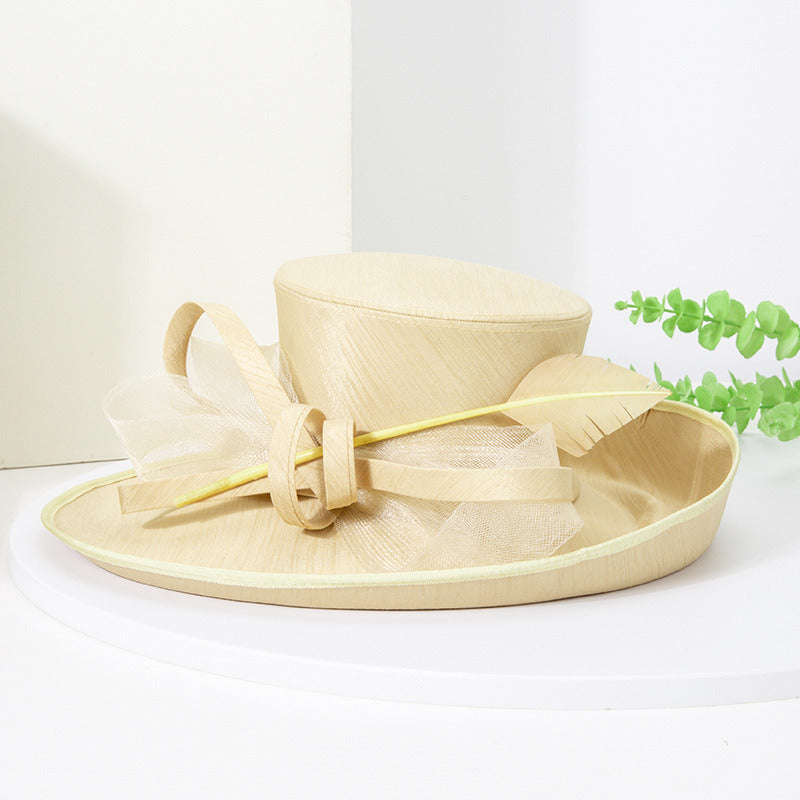 Dramatic Slub-Fabric Flat Crown Top Hat with Crinoline Bow  display picture 3