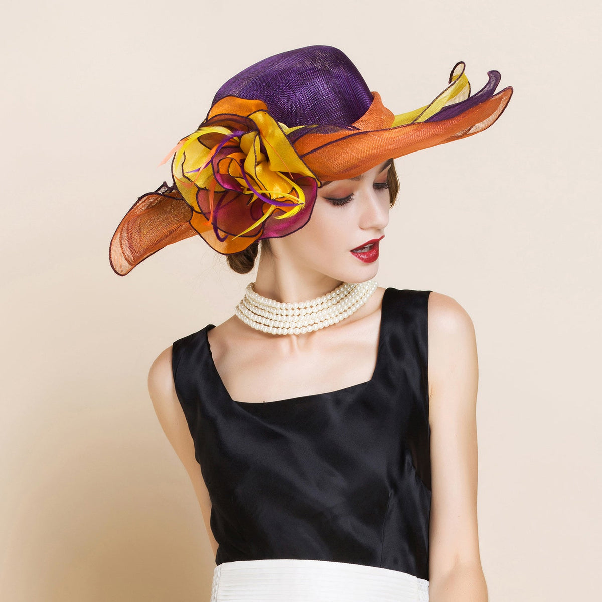 Cream w/ Silk Purple Flower‎ Orange Purple Brim Hat Pink Orange Big Derby Hat, Pink Orange Feather Hat, Tropical  main image 4