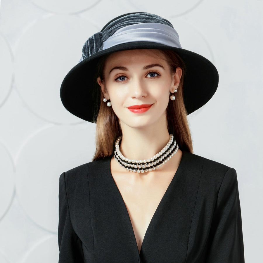 Wide Brim Velvet & Satin Bowknot Sash Wool Church Hat