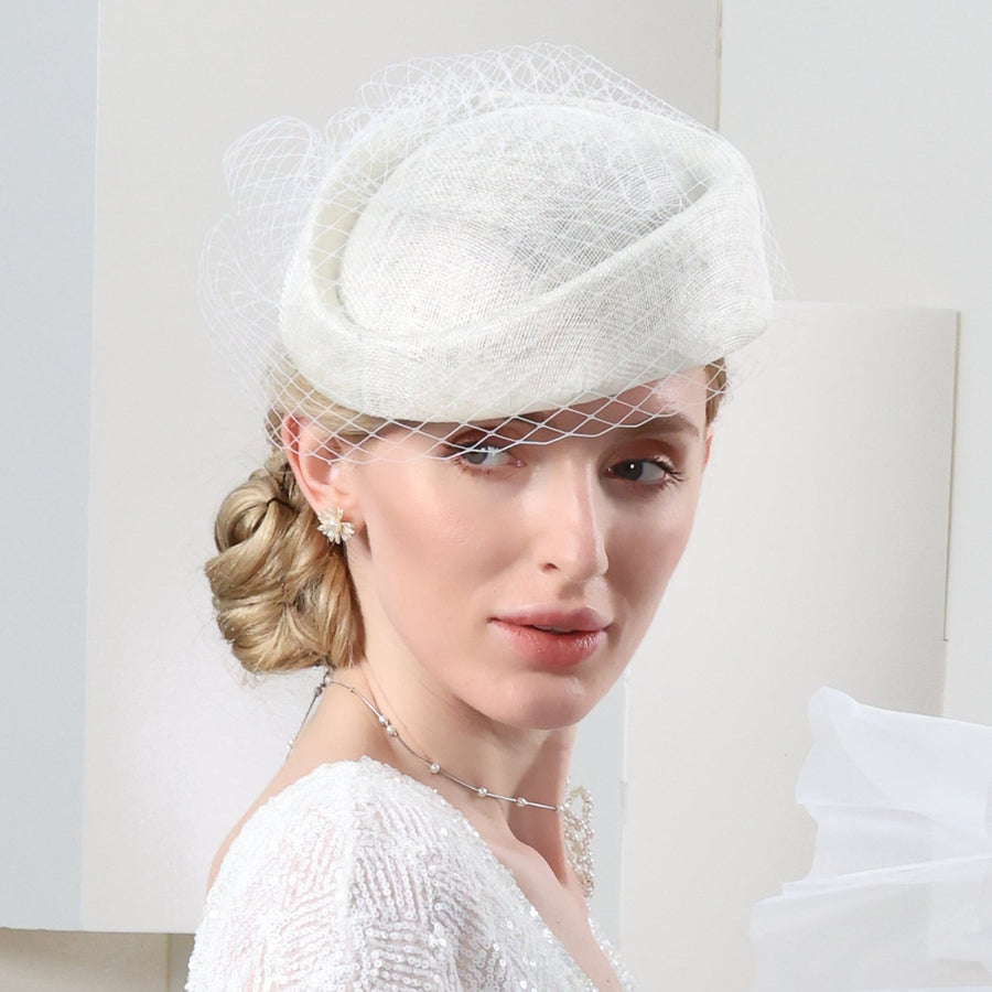 Beige Veil Wool Bridal Wedding Pillbox Hat