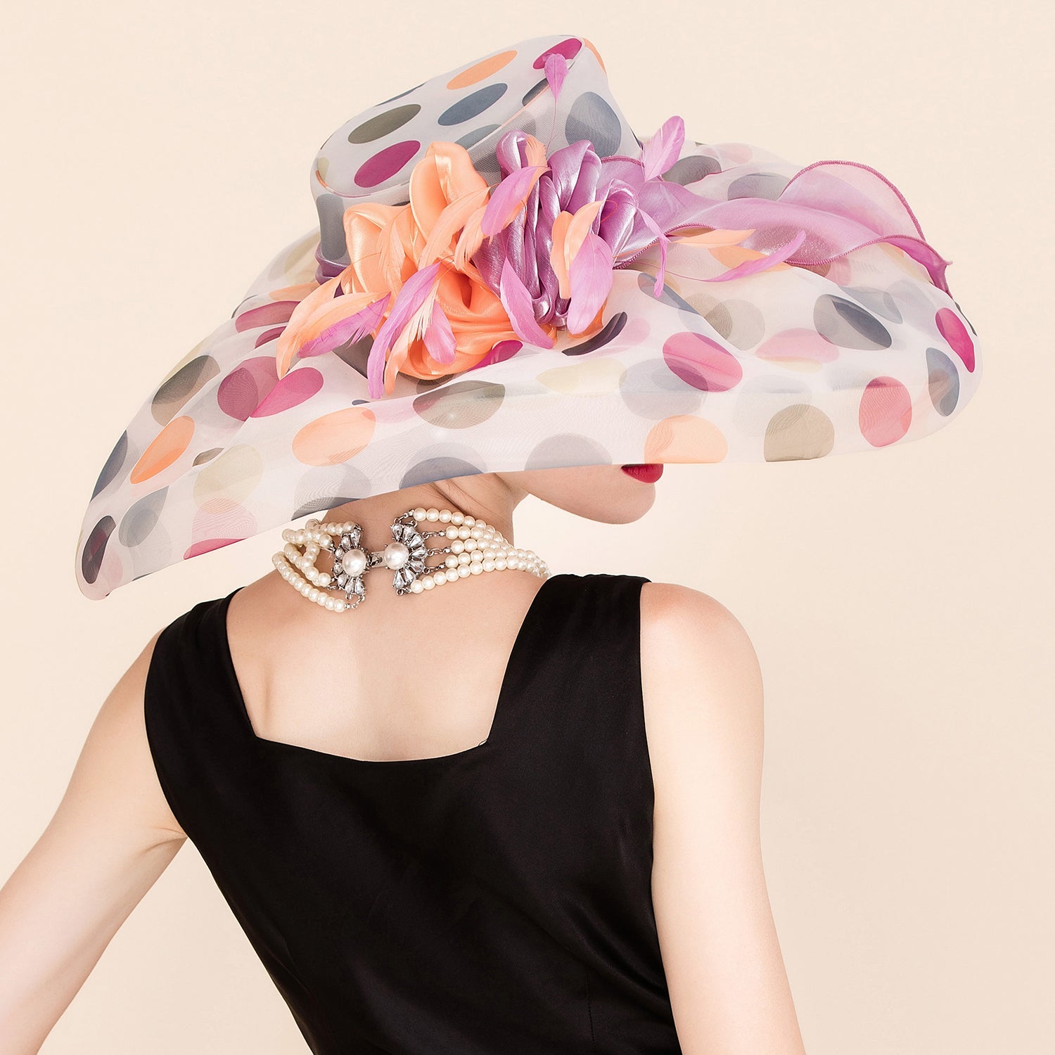 Playful Multicolor Polka Dot Organza Wide Brim Hat with Floral Feathers for Kentucky Derby & Royal Ascot