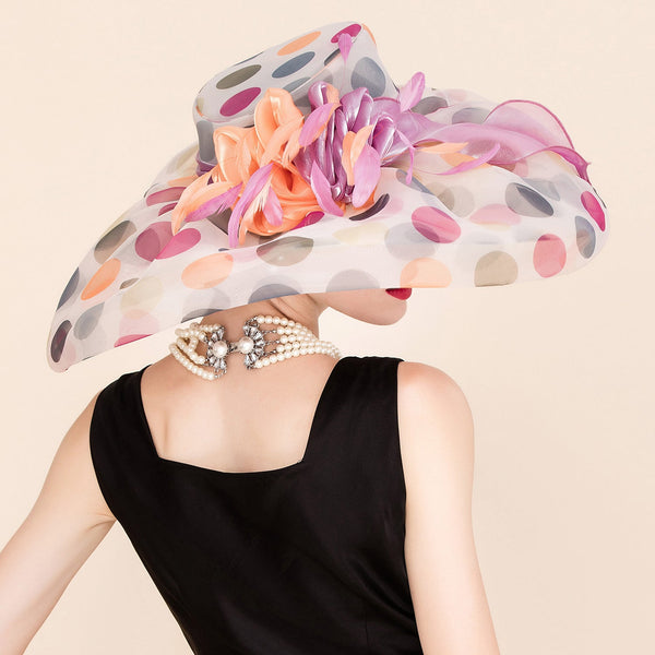 Multicolor Wide Brim Polka Dot Organza Kentucky Derby Hat
